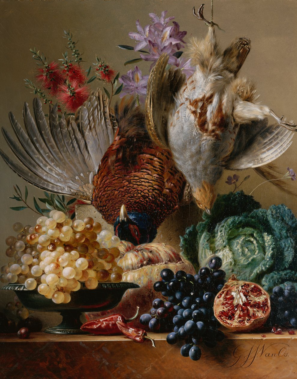 Faisão morto, perdiz, uvas, repolho, frutas e flores em uma borda (óleo sobre tela) de Georgius Jacobus Johannes van (after) Os