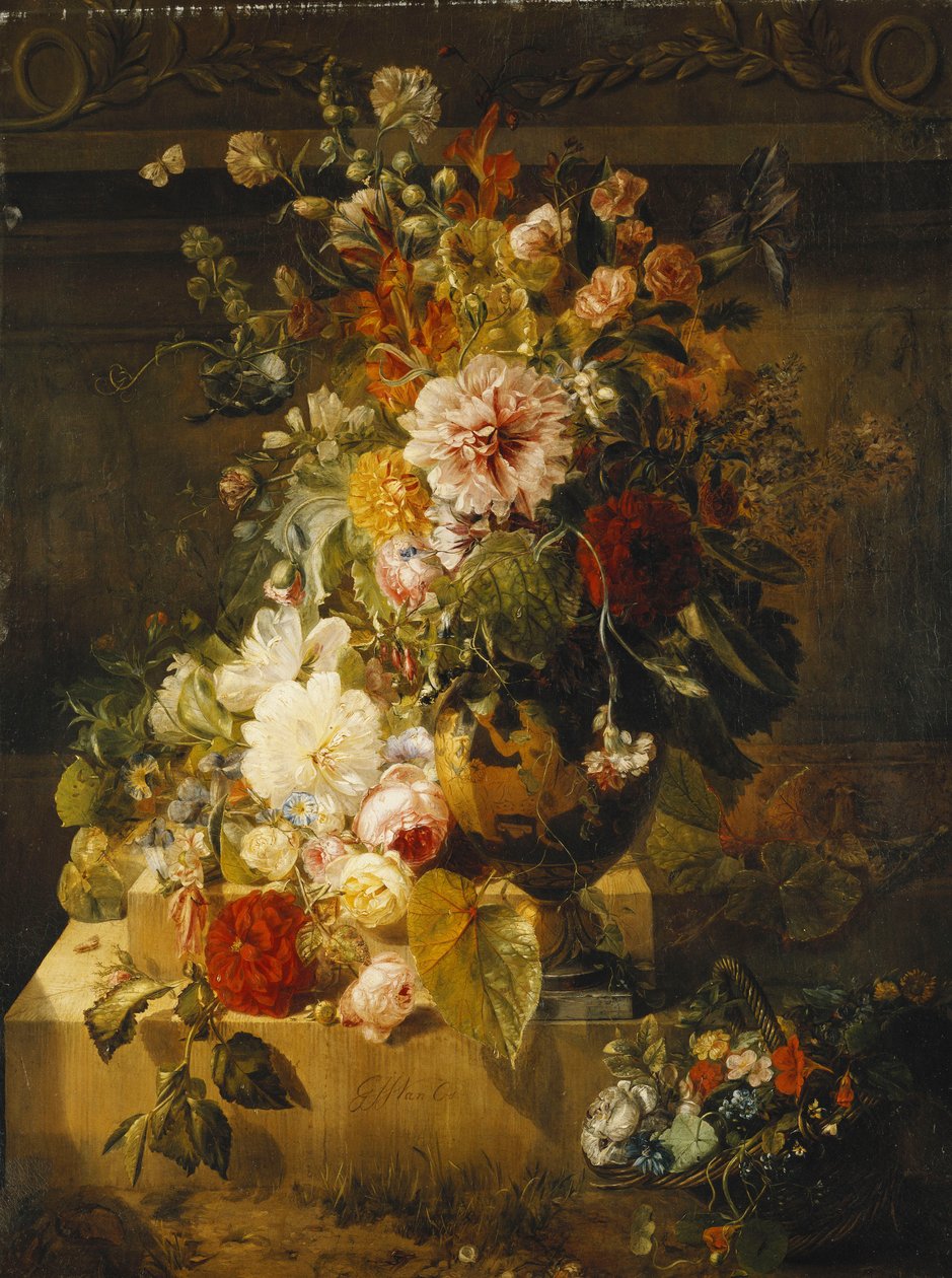 Rosas, convólvulos, cravos, malvas-rosa, peônias, lilás e outras flores em um vaso, de Georgius Jacobus Johannes van Os