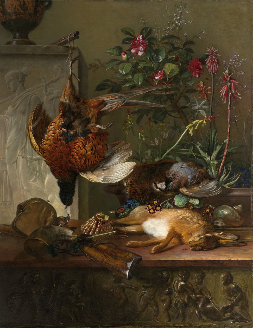 Natureza morta com jogo e uma estela grega: alegoria do outono Natureza morta com saque e estela grega: alegoria do outono de Georgius Jacobus Johannes van Os