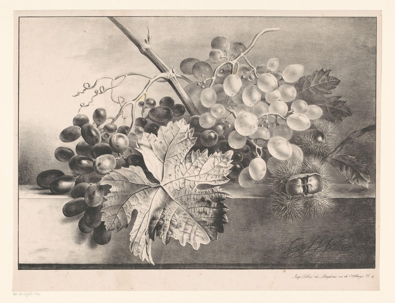 Natureza morta com uvas e castanhas de Georgius Jacobus Johannes van Os