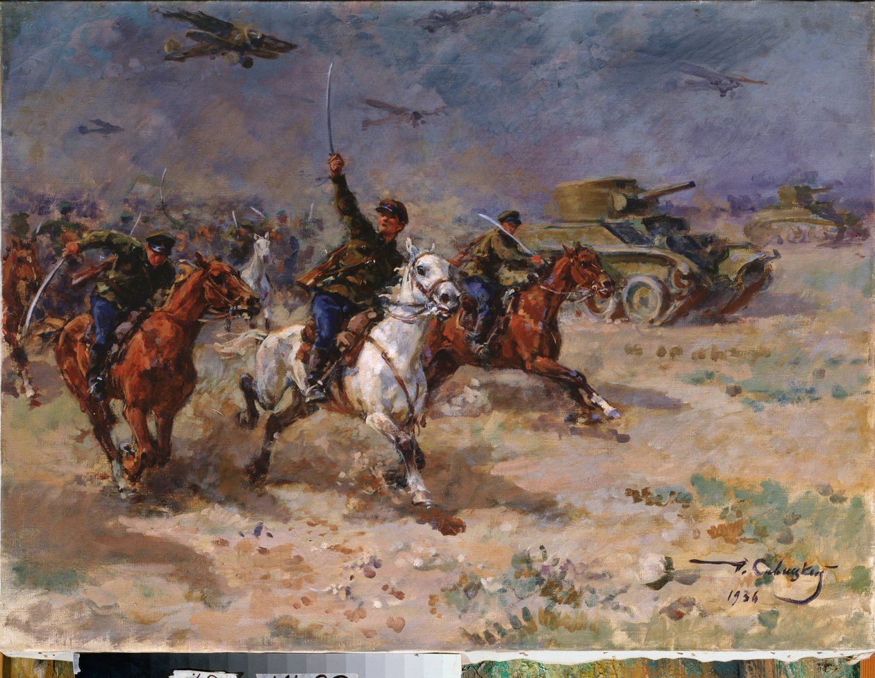 Ataque (Tanques e cavalaria do Exército Vermelho durante a revolução de Outubro) - Ataque - Pintura de George (Georgy, Georgi) Konstantinovich Savitsky (1887-1949), óleo sobre tela de Georgiy Konstantinovich Savitsky