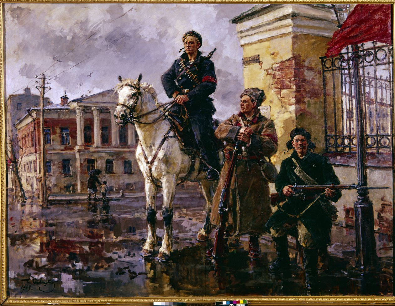 Revolução Russa de Outubro de 1917: "Os primeiros dias de Outubro". A captura do Palácio de Inverno em São Petersburgo a 25 de Outubro de 1917, um assalto liderado pelos Guardas Vermelhos e pelos Bolcheviques. Pintura por George (Georgy, Georgi) de Georgiy Konstantinovich Savitsky