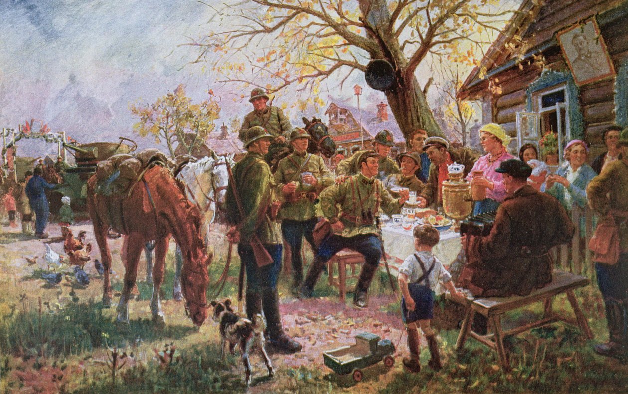 Soldados do Exército Vermelho em manobra recebem boas-vindas e descanso em Kolkhoze de Georgiy Konstantinovich Savitsky