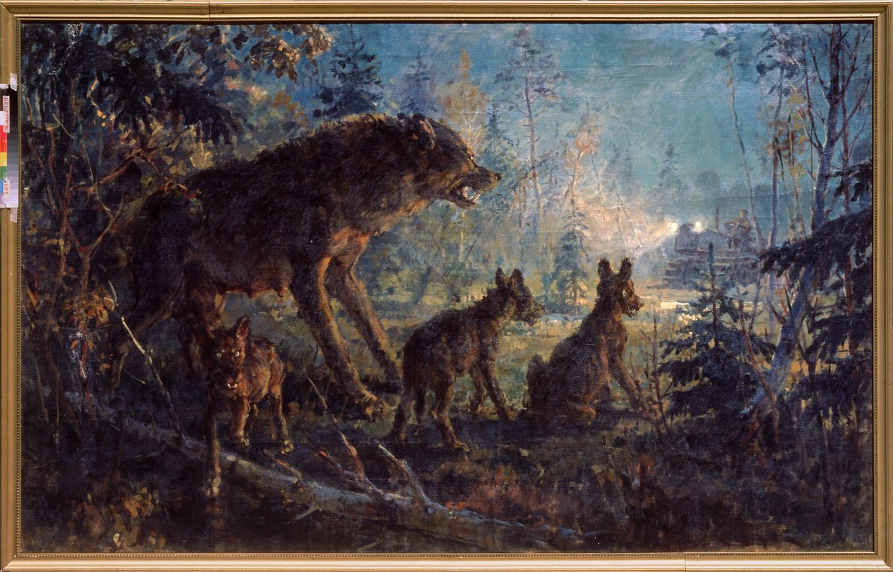 Uma reunião na floresta (She-wolf e as suas crias de frente para um tractor à noite) - Uma reunião na madeira - Pintura de George (Georgy, Georgi) Konstantinovich Savitsky (1887-1949), óleo sobre tela de Georgiy Konstantinovich Savitsky