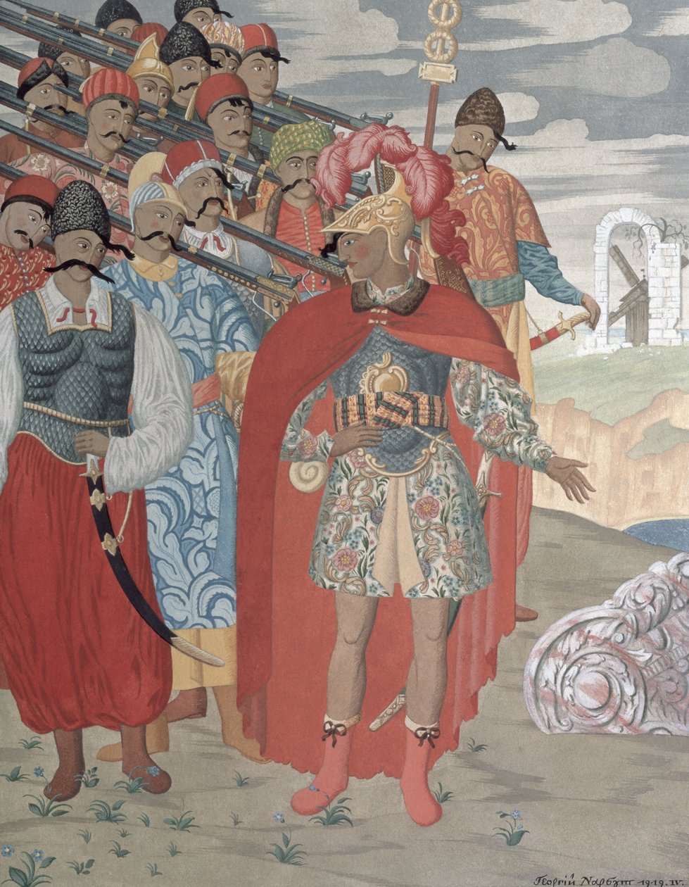 Enéias e seus soldados, 1919 (gravura a cores) de Georgy Narbut