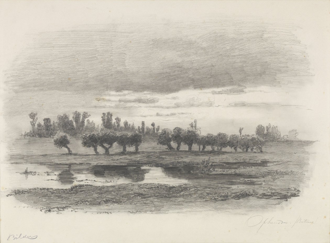 Vista sobre as várzeas em Opheusden no Betuwe, desenho de Gerard Bilders