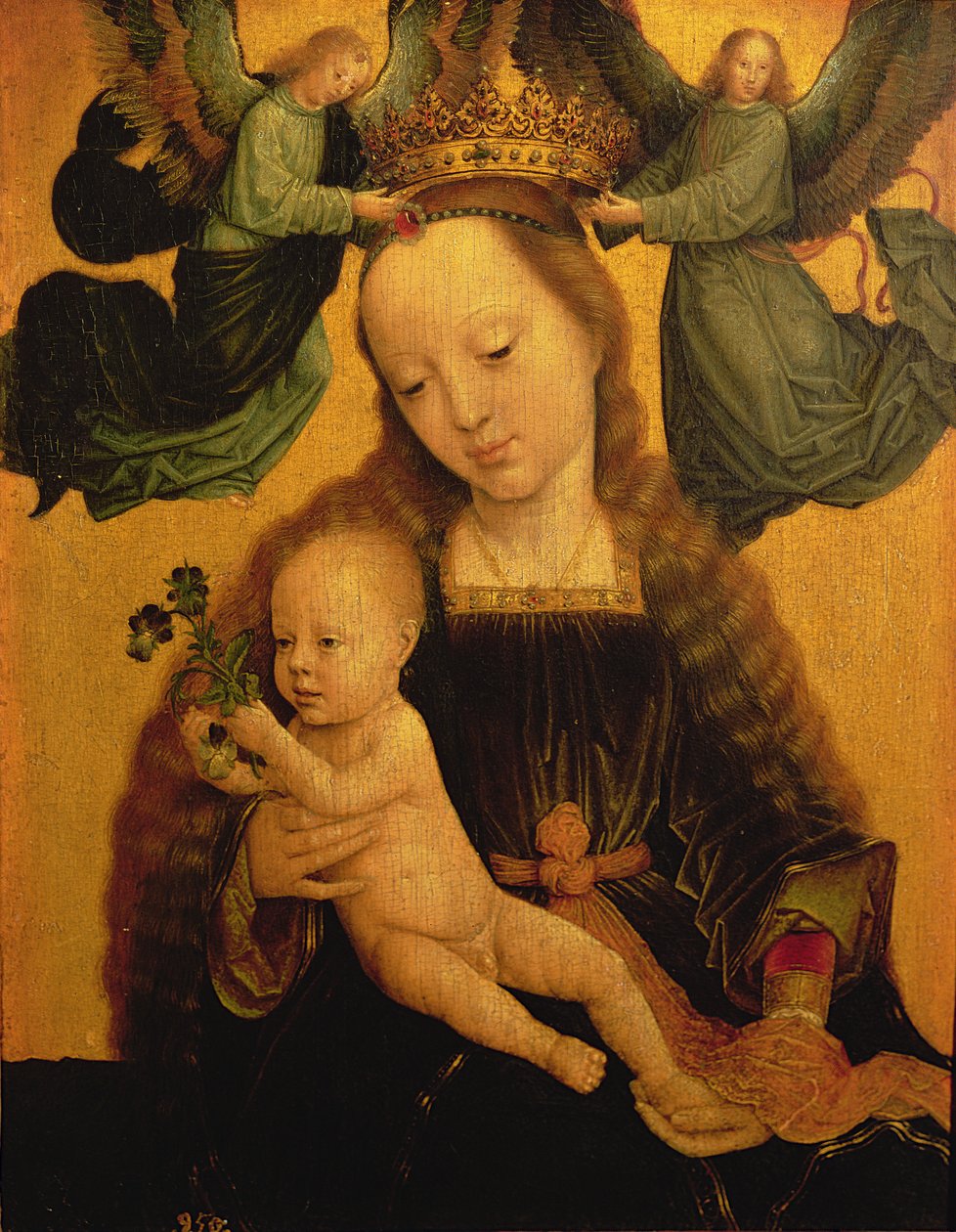 Madonna e criança coroada por dois anjos, c.1520 de Gerard David