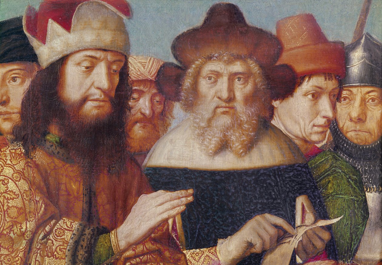 Tríptico da Crucificação, painel da esquerda: Juízes judeus, soldados romanos detalhe das cabeças, c.1480 óleo no painel de Gerard David