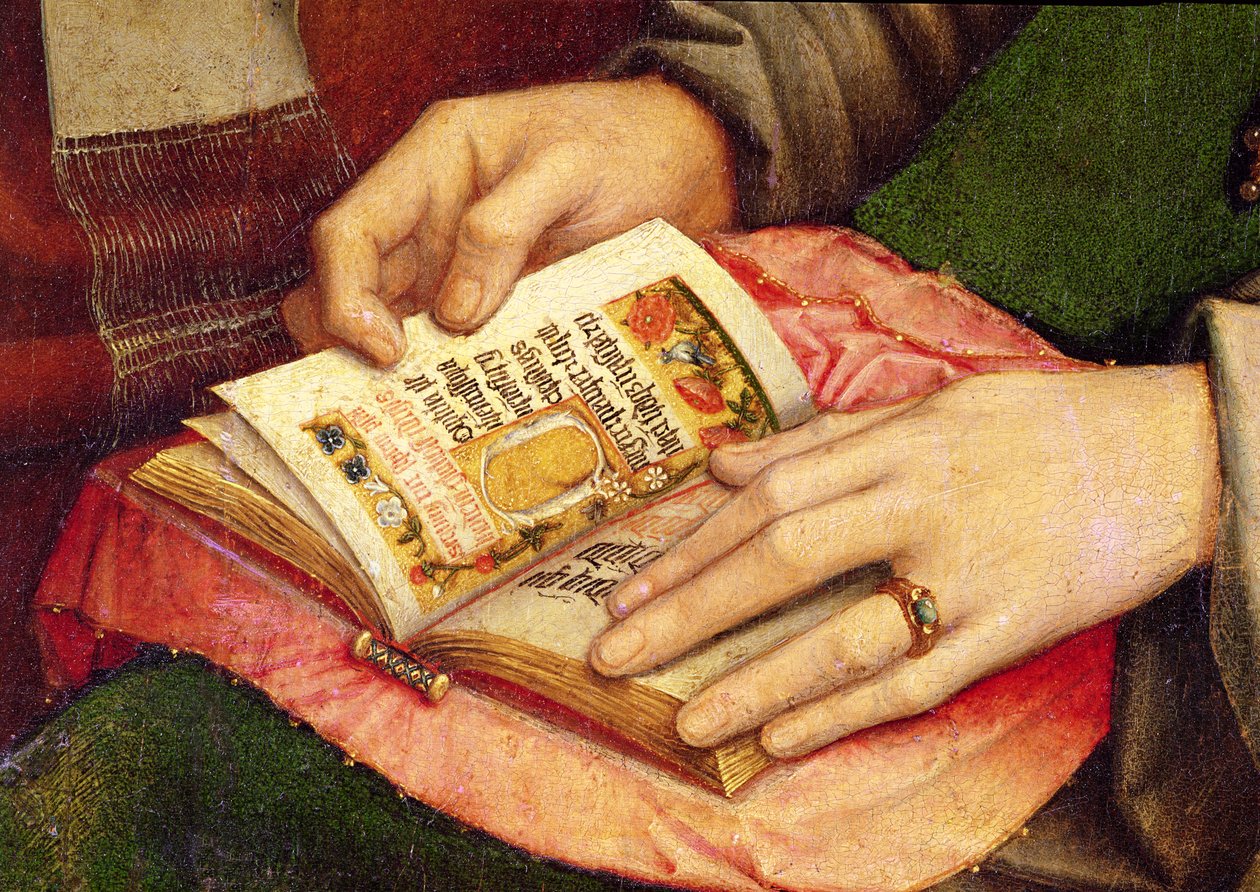 Virgem e criança com Santos, detalhe de um livro aberto, c.1509 de Gerard David