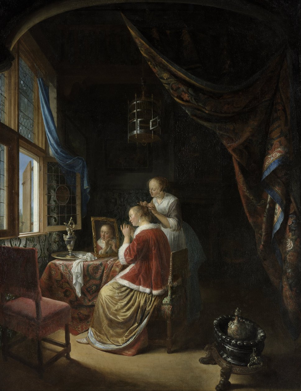 Uma jovem mulher em seu banheiro de Gerrit Dou