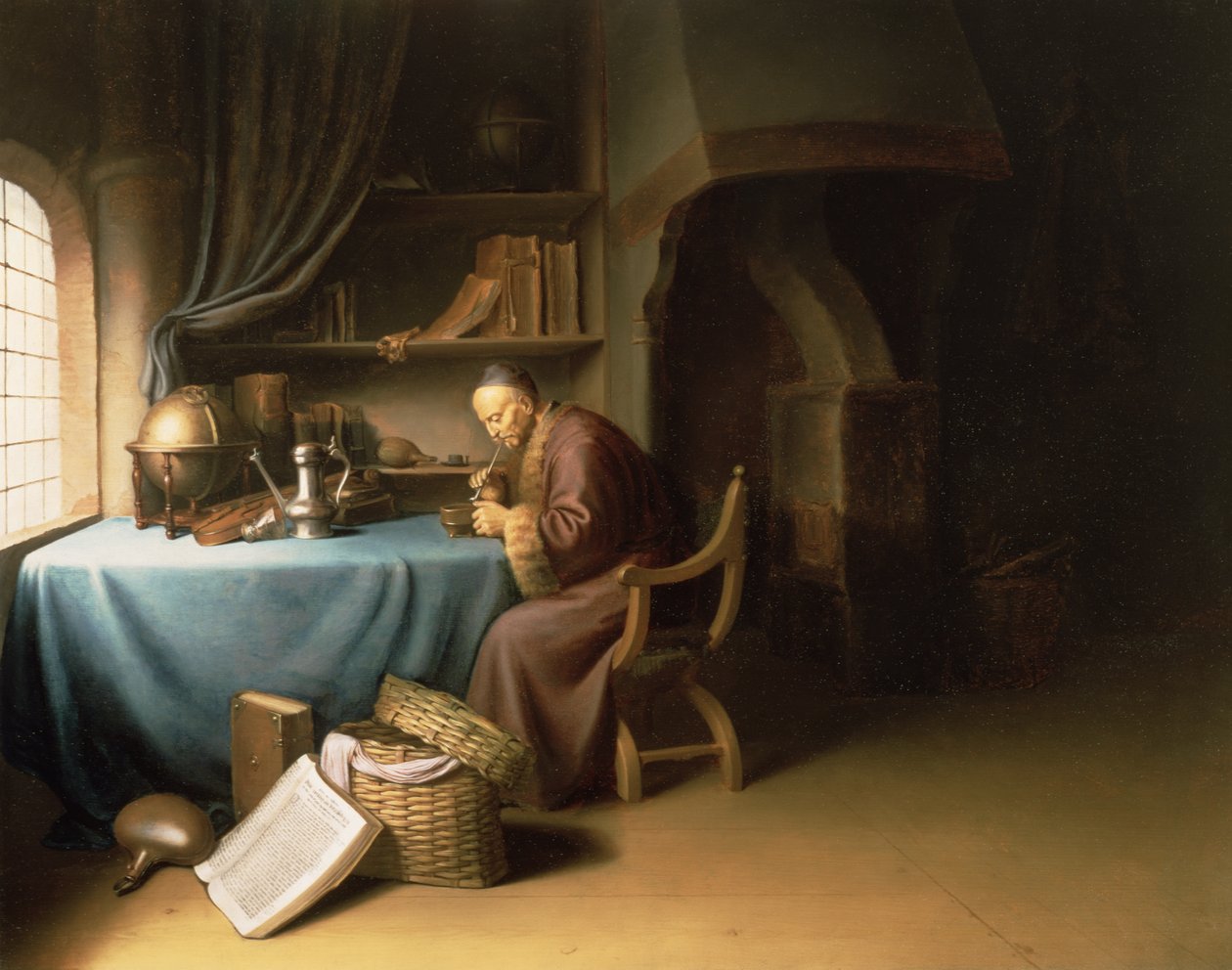 Um velho acendendo seu cachimbo em um estudo de Gerrit Dou