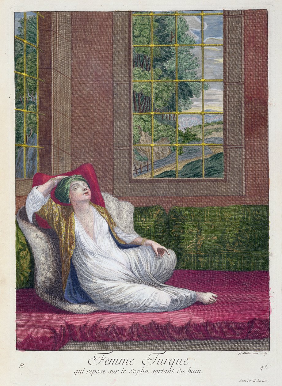 Mulher turca, descansando no sofá depois de um banho, do século XVIII de Gerard Jean Baptiste Scotin