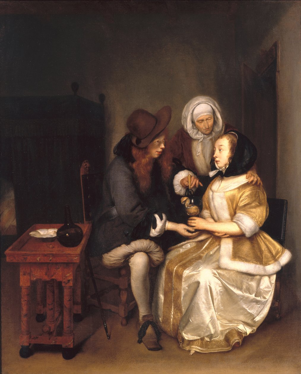 Um interior com um casal e um Procuress: O copo de limonada de Gerard ter Borch