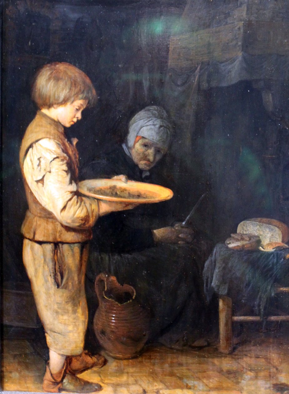 Mulher velha e menino compartilhando uma refeição simples de Gerard ter Borch
