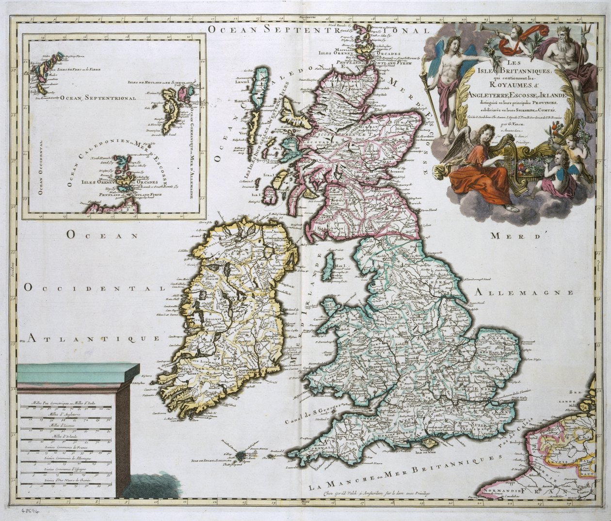 Mapa da Grã-Bretanha e Irlanda (gravura de cor) de Gerard Valck
