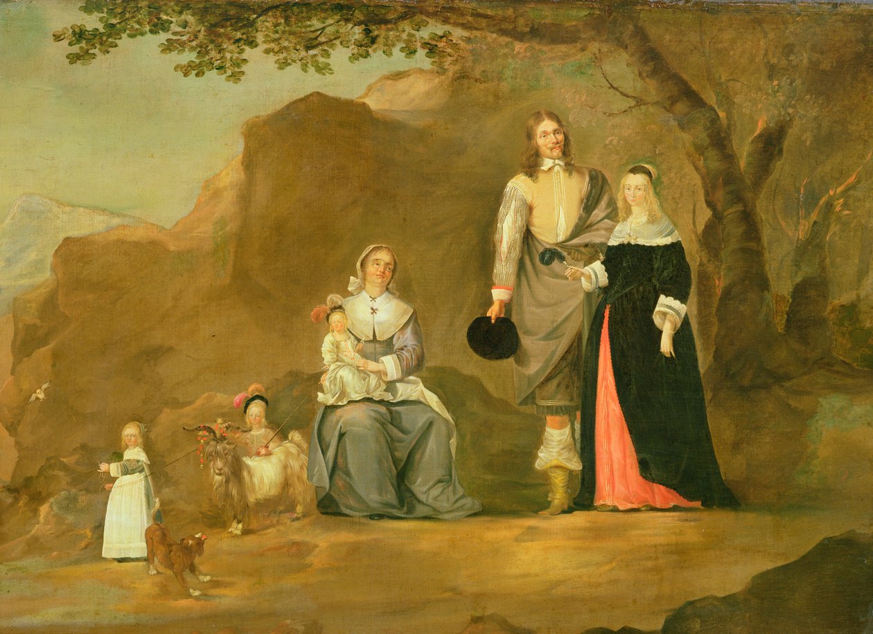 Grupo familiar com um cão e uma cabra em uma paisagem montanhosa de Gerard ter Borch