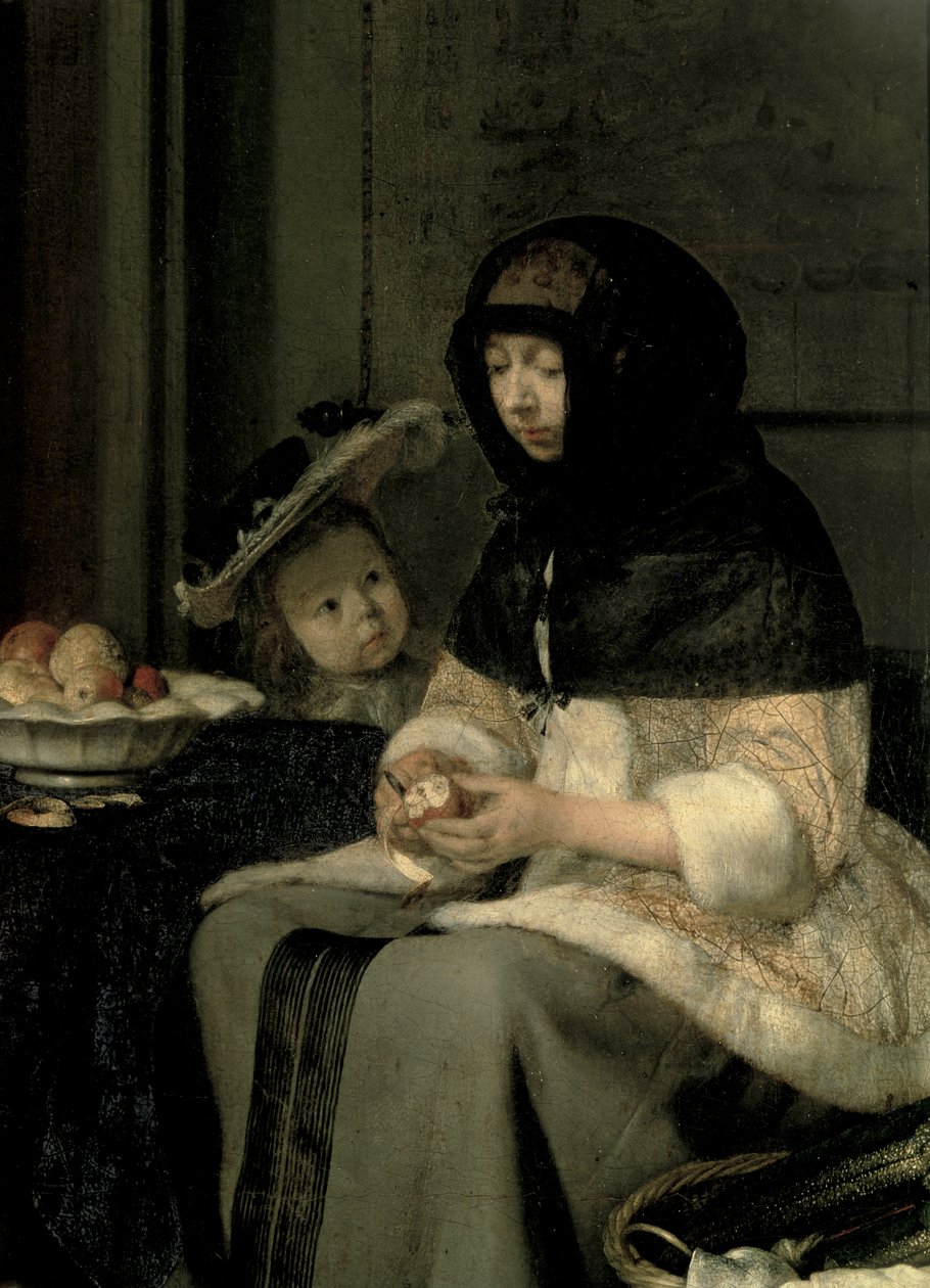 The Apple Peeler, 1660 (detalhe de 13129) (óleo sobre tela no painel) de Gerard ter Borch