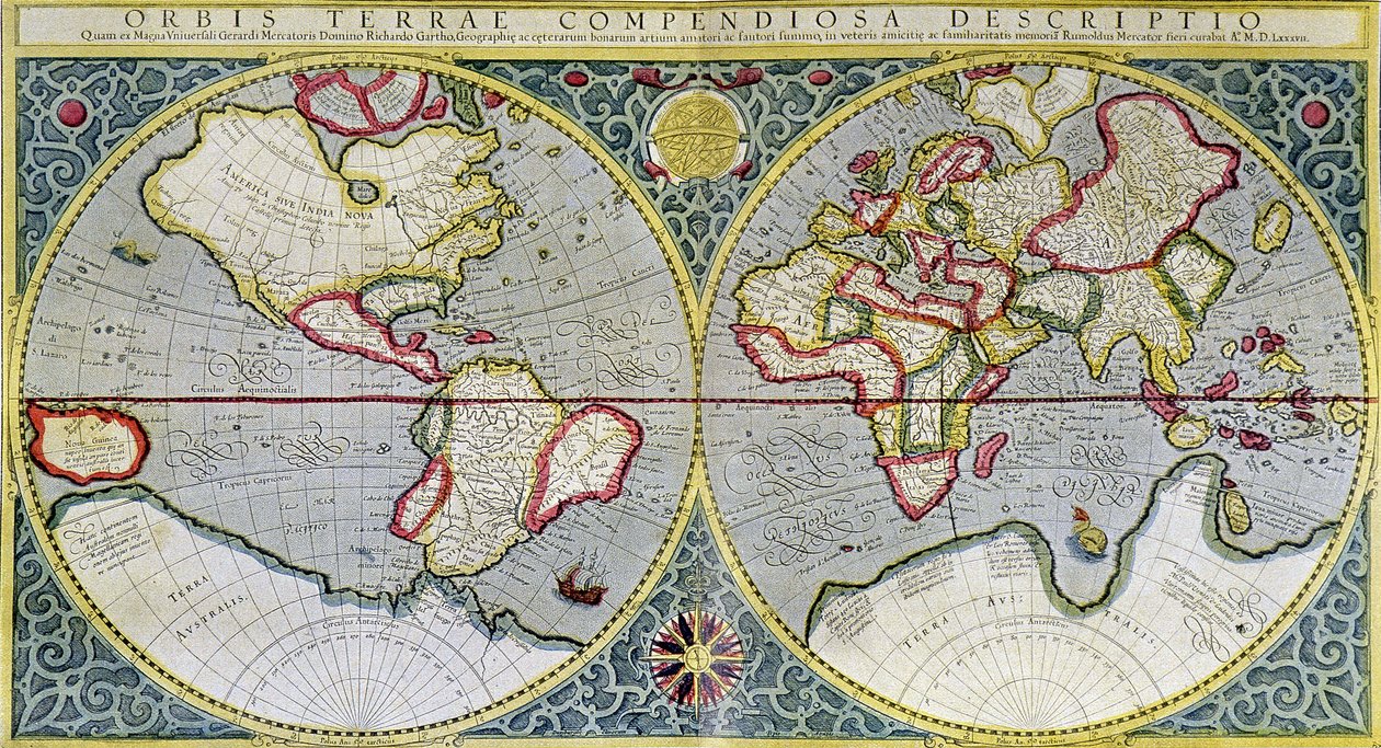Mapa Mundial de Mercator (1587) - em "O Universo e a Humanidade" de H. Kraemer de Gerard (after) Mercator