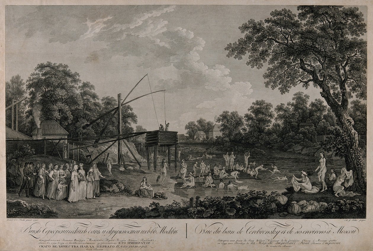 Vista das Casas de Banho Serebryanicheskaya em Moscou, 1796. de Gerard Barthe de la