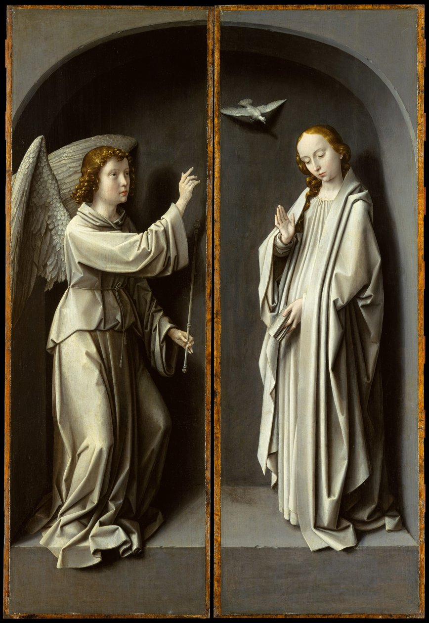 Arcanjo Gabriel; The Virgin Annunciate, c.1510 (óleo sobre painel de carvalho) de Gerard David