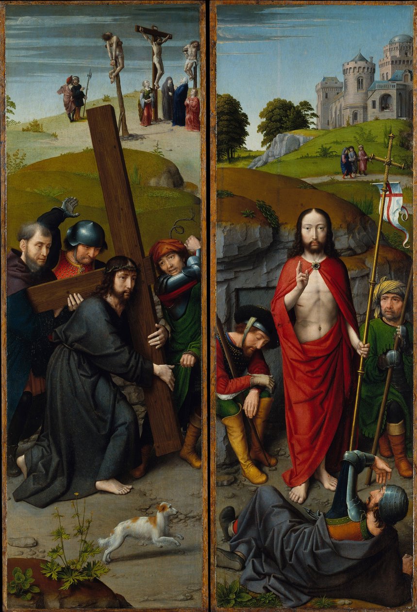 Cristo Carregando a Cruz, com a Crucificação; A Ressurreição, com os Peregrinos de Emaús, c.1510 (óleo sobre painel de carvalho) de Gerard David