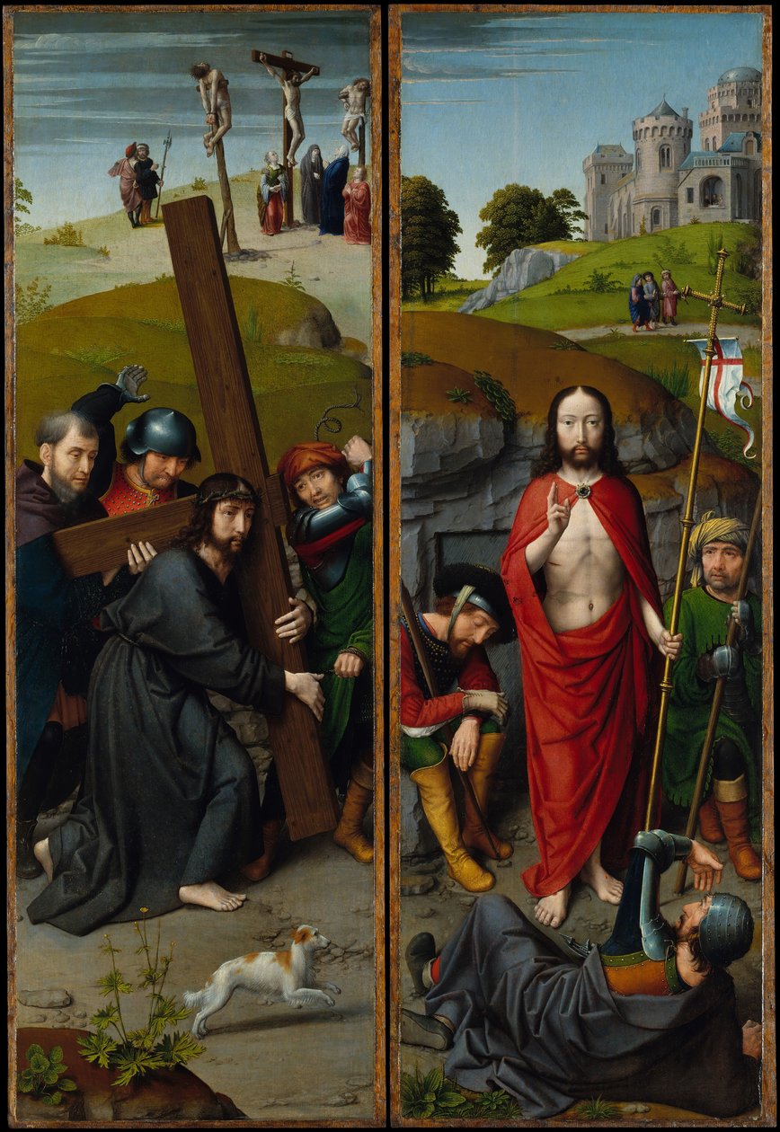 Cristo carregando a cruz, com a crucificação, a ressurreição, com os peregrinos ..., ca. 1510 de Gerard David