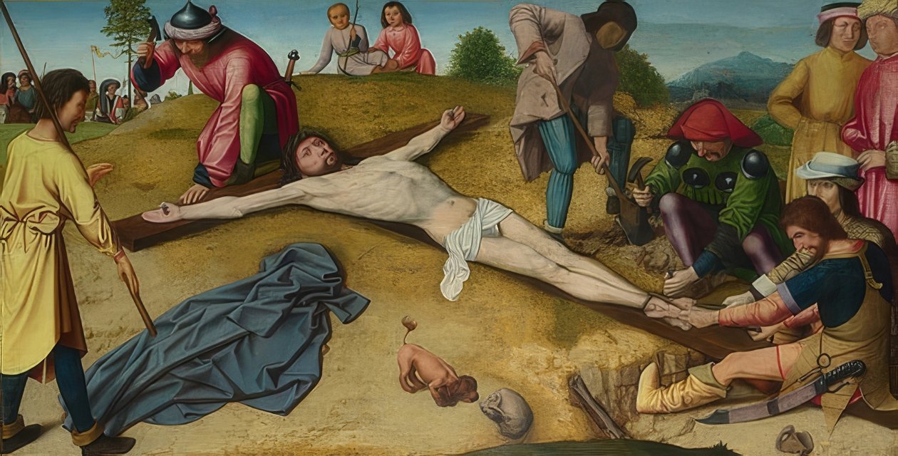 Cristo é pregado na cruz. por volta de 1481 de Gerard David
