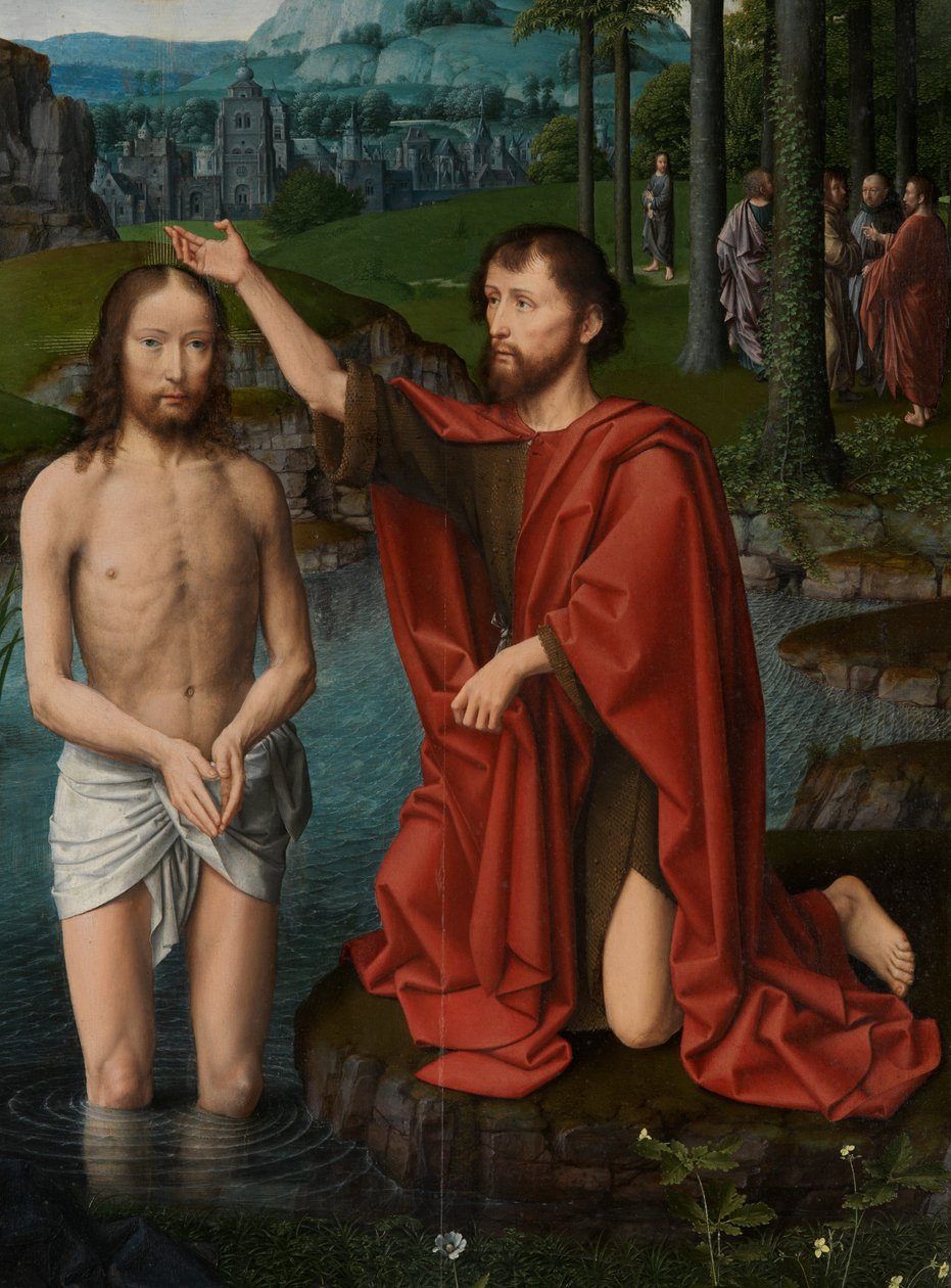Detalhe do painel central do Baptismo de Cristo, c.1502-08 (óleo sobre painel) de Gerard David