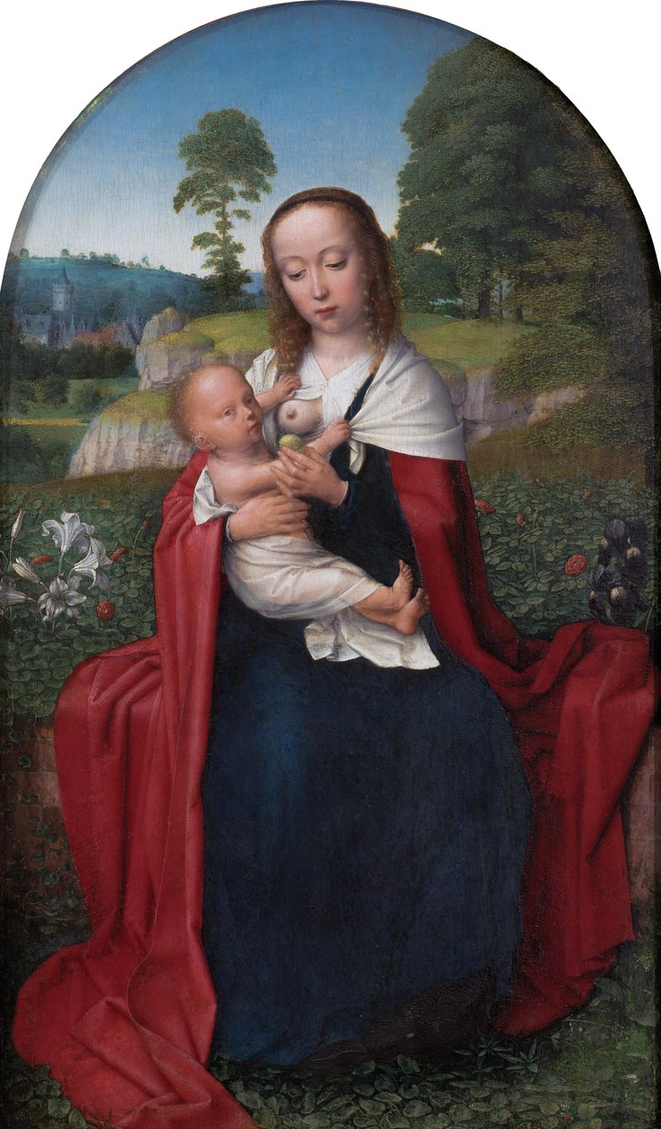 Holandês: Maria e filho sentados numa paisagem Virgem e filho numa paisagem de Gerard David