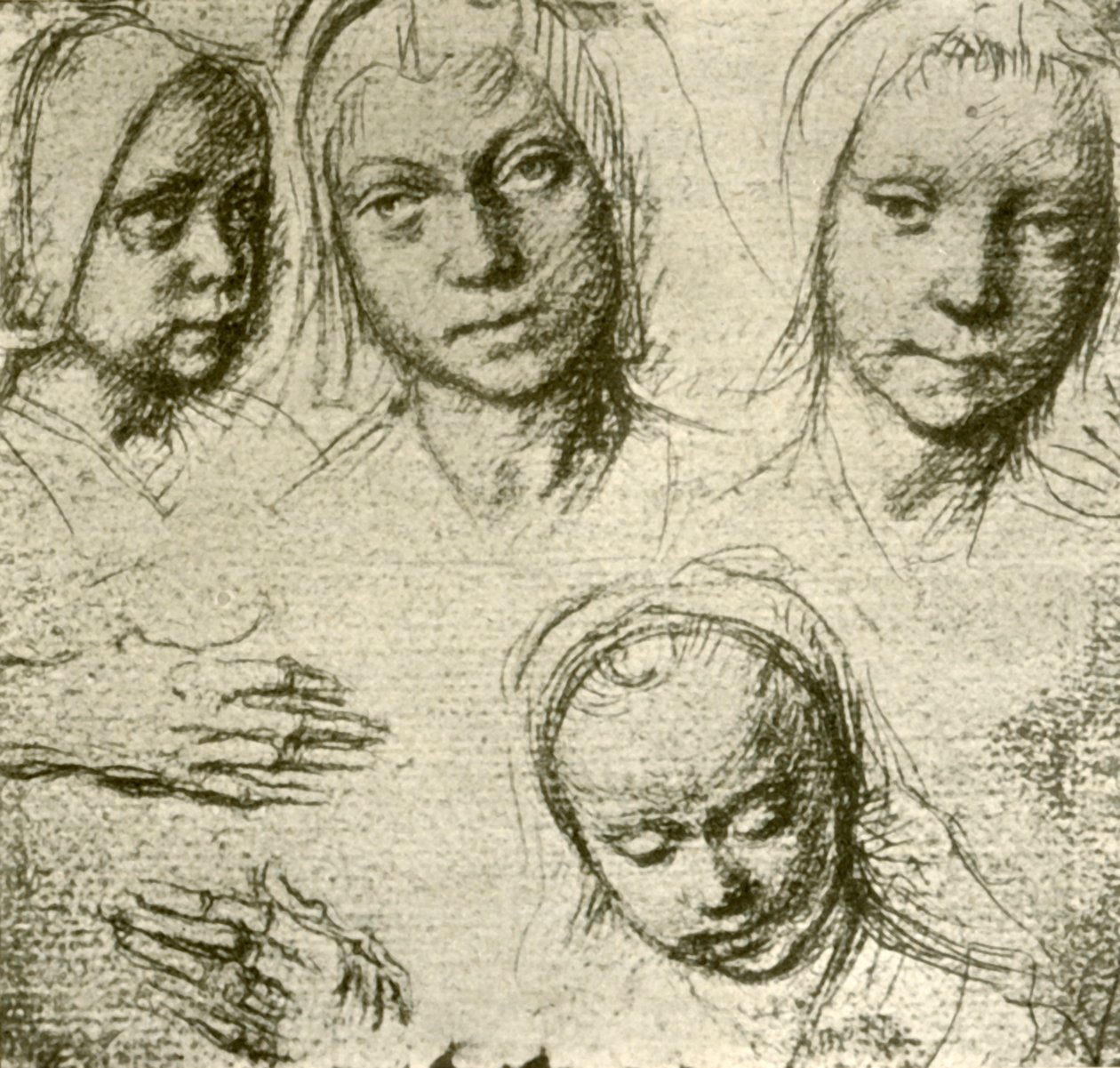 Quatro cabeças de uma jovem garota e duas mãos, c1500-1505, 1908. de Gerard David
