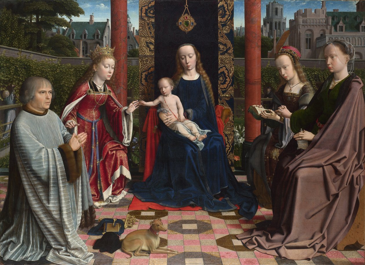 Francês:  Le mariage mystique de Sainte Catherine, por Gérard David A Virgem e o Menino com os Santos e o Doador de Gerard David