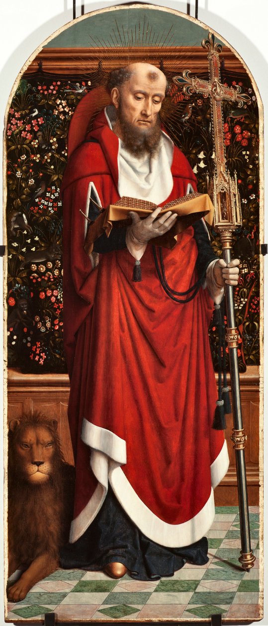 Painel de São Jerônimo Políptico da Igreja de San Gerolamo della Cervara - Pintura de Gerard David (ca. 1460-1523) 1506 Dim 65x150 cm Genes Musei di Strada Nuova (ex Palazzo Bianco) Itália de Gerard David
