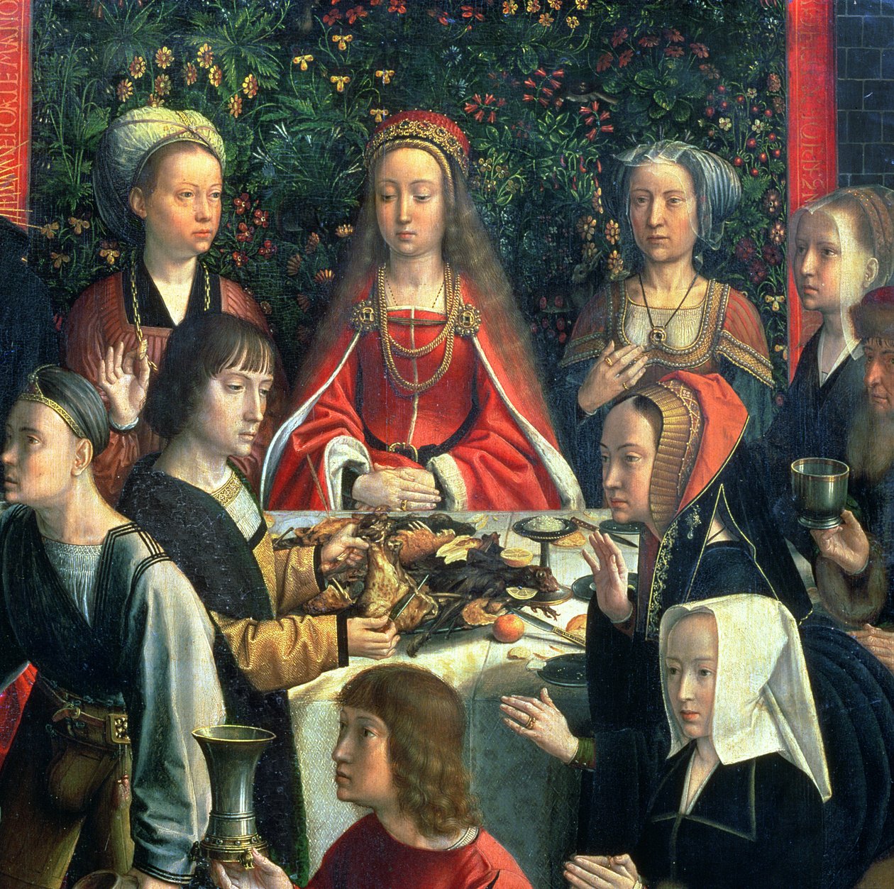 O casamento em Caná, detalhe da noiva e convidados em torno do óleo no detalhe do painel de 94324 de Gerard David