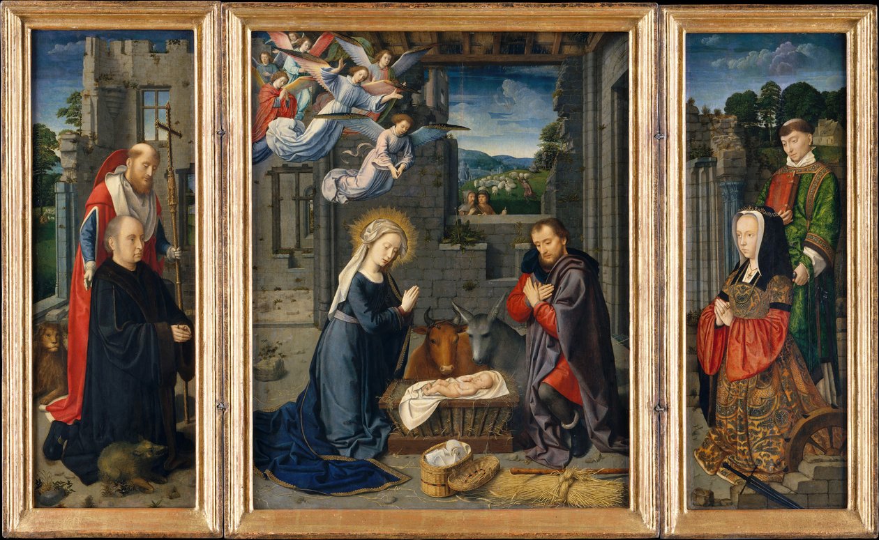 A Natividade com Doadores e Santos Jerome e Leonard, ca. 1510-15. de Gerard David