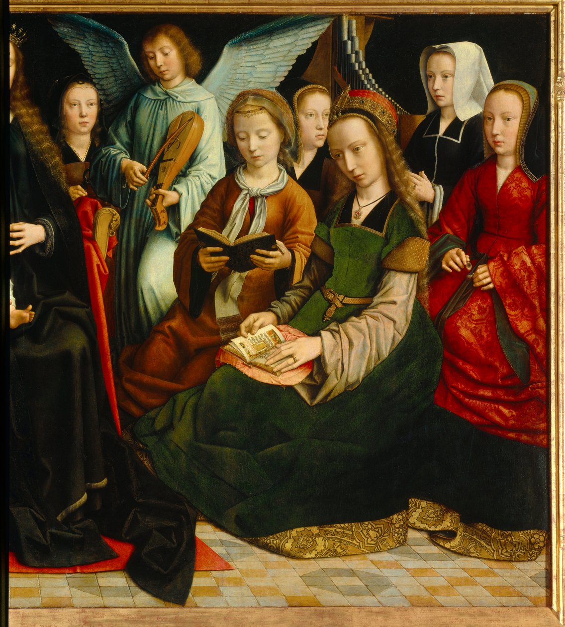 A Virgem entre os santos. Detalhe dos Saintes: Santa Apolline (ou Apolónia), Santa Godeline, Santa Cecile, Santa Barbe, Santa Lúcia. Pintura de Gerardo David (1460-1523) de Gerard David