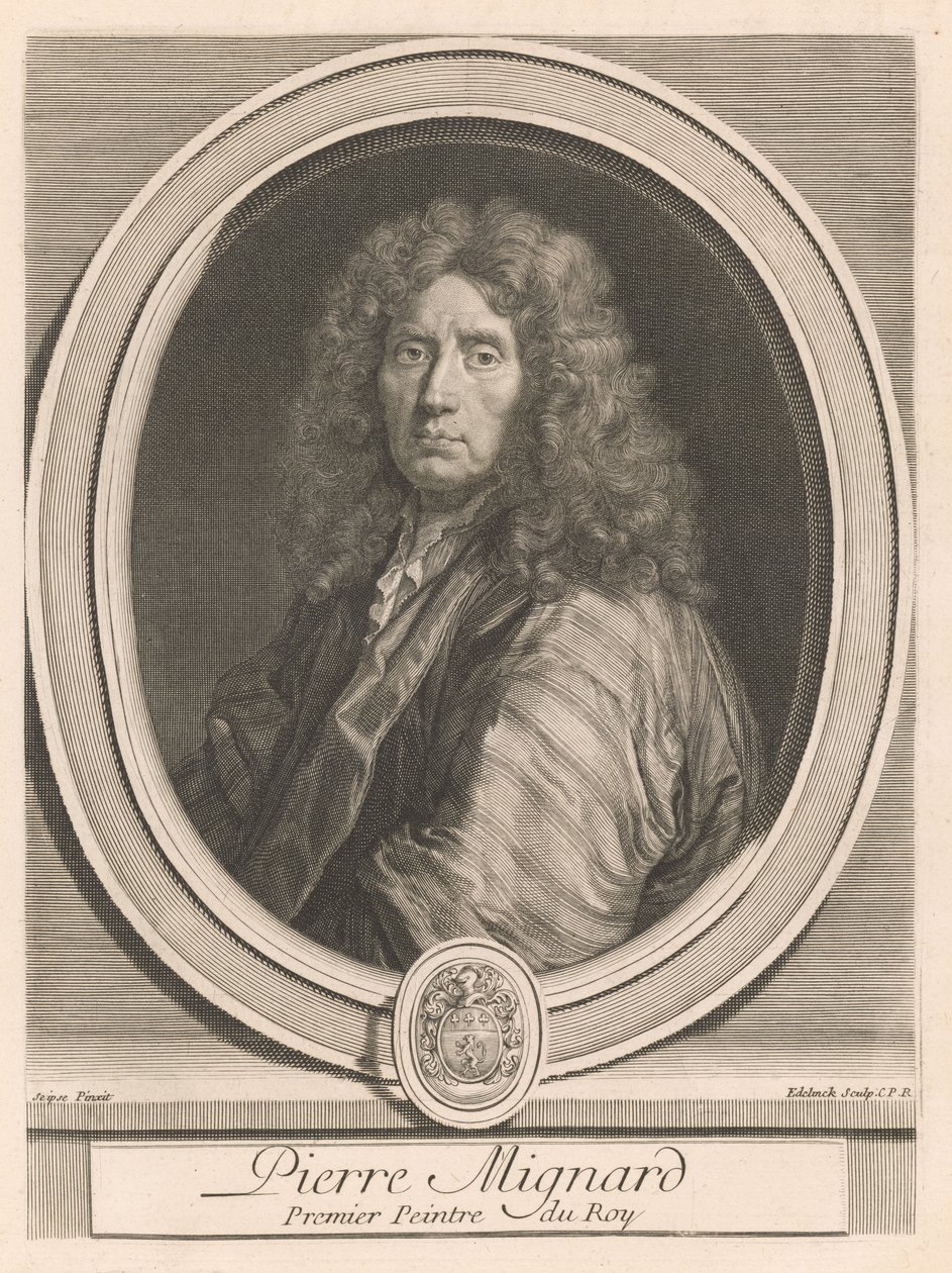 Pierre Mignard, do livro Les hommes illustres qui ont paru en France pendant ce siècle, vol. II, de Charles Perrault (Homens ilustres que surgiram em França durante este século, vol. II) de Gérard Edelinck