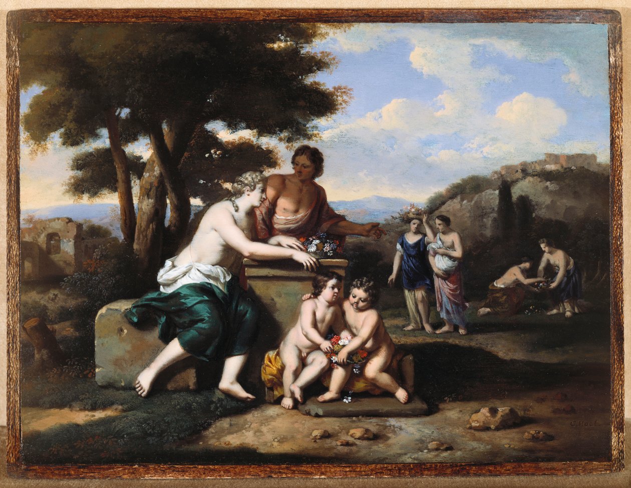 Ninfas, coletando flores em uma paisagem de Gerard Hoet