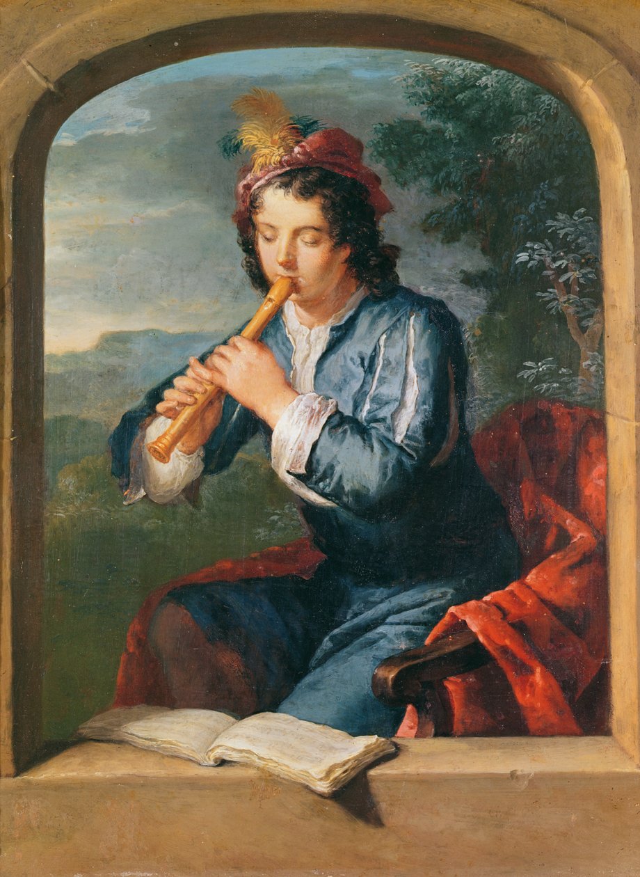Jovem tocando a flauta (pastel em papel) de Gerard Hoet
