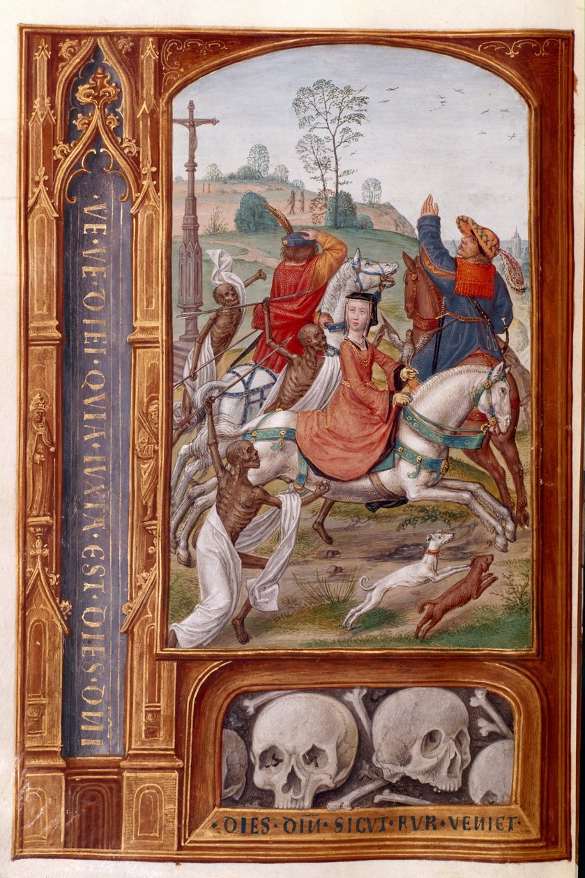 Adicione 35313 fol.158v Esqueletos atacam um grupo de caça, das 