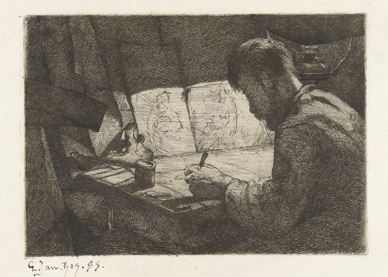 Autorretrato atrás da prancheta de Gerard Jan Bos (signed by artist)