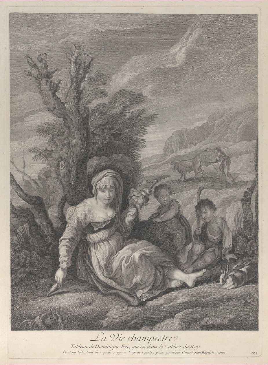 Uma mulher do campo sentada na paisagem com dois meninos ao seu lado, 1729-40. de Gerard Jean Baptiste Scotin