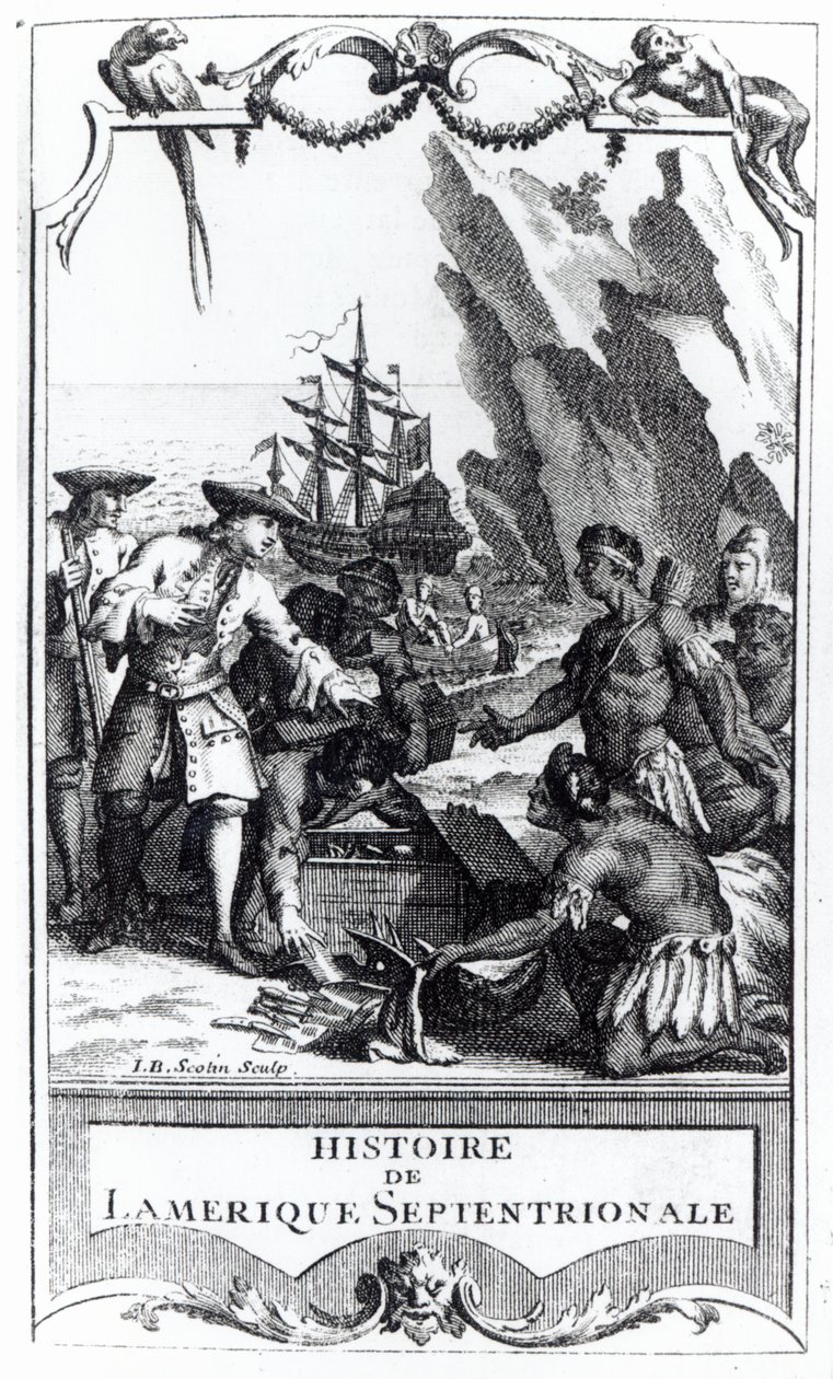 Frontispício da História da América do Norte por Bacqueville de La Potherie (1663-1736), publicado em 1753 (foto bw) de Gerard Jean Baptiste Scotin