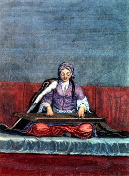 Menina turca tocando a cítara, gravada por Gerard Jean Baptiste Scotin (1671-1716) (gravura) de Gerard Jean Baptiste Scotin