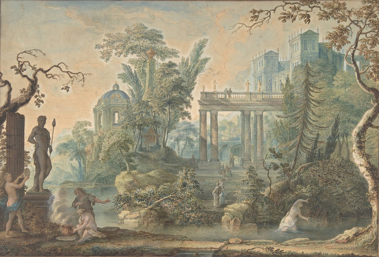 Paisagem Arcadiana com várias Figuras e uma Estátua de Apolo, século XVIII. de Gerard Melder