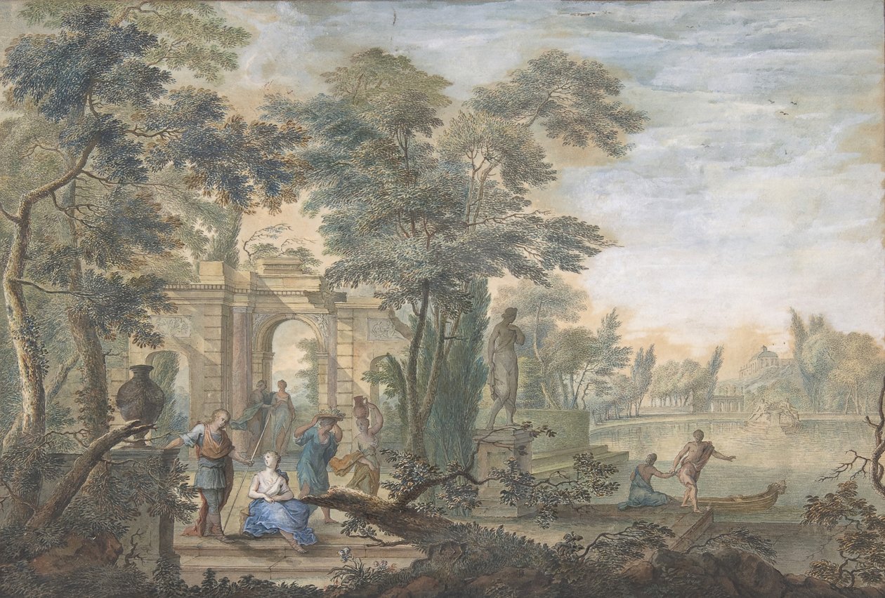 Paisagem Arcadiana com várias Figuras e uma Estátua de Diana, século XVIII. de Gerard Melder