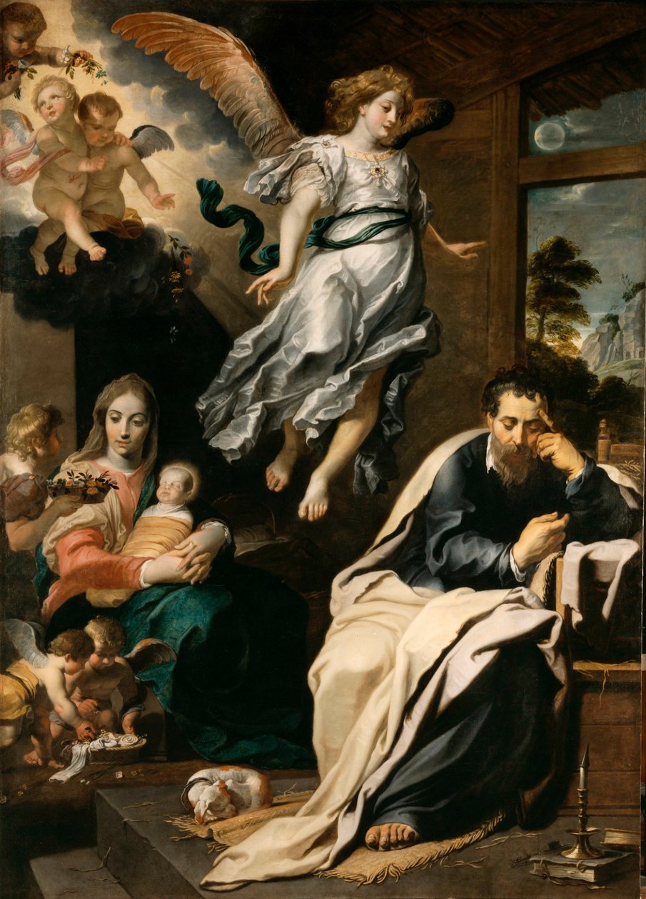 Um anjo dizendo a José em um sonho para fugir para o Egito. de Gerard . Seghers