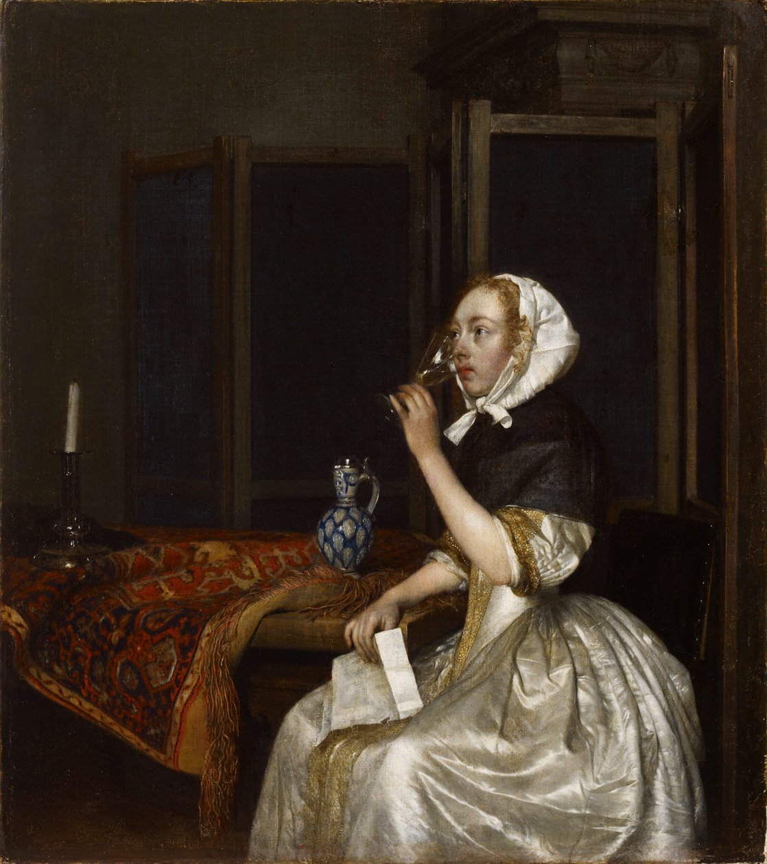 Senhora, segurando um copo de vinho, ca 1665. de Gerard Ter Borch the Younger