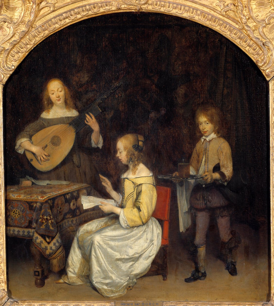 O Concerto: cantora e tocadora de Luth Theorbe. Pintura de Gerard Ter Borch (1617-1681), escola holandesa de Gerard ter Borch