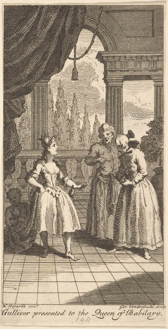 Gulliver Apresentado à Rainha de Babilary, Frontispício para As Viagens do Sr. ..., fevereiro de 1730. de Gerard Vandergucht