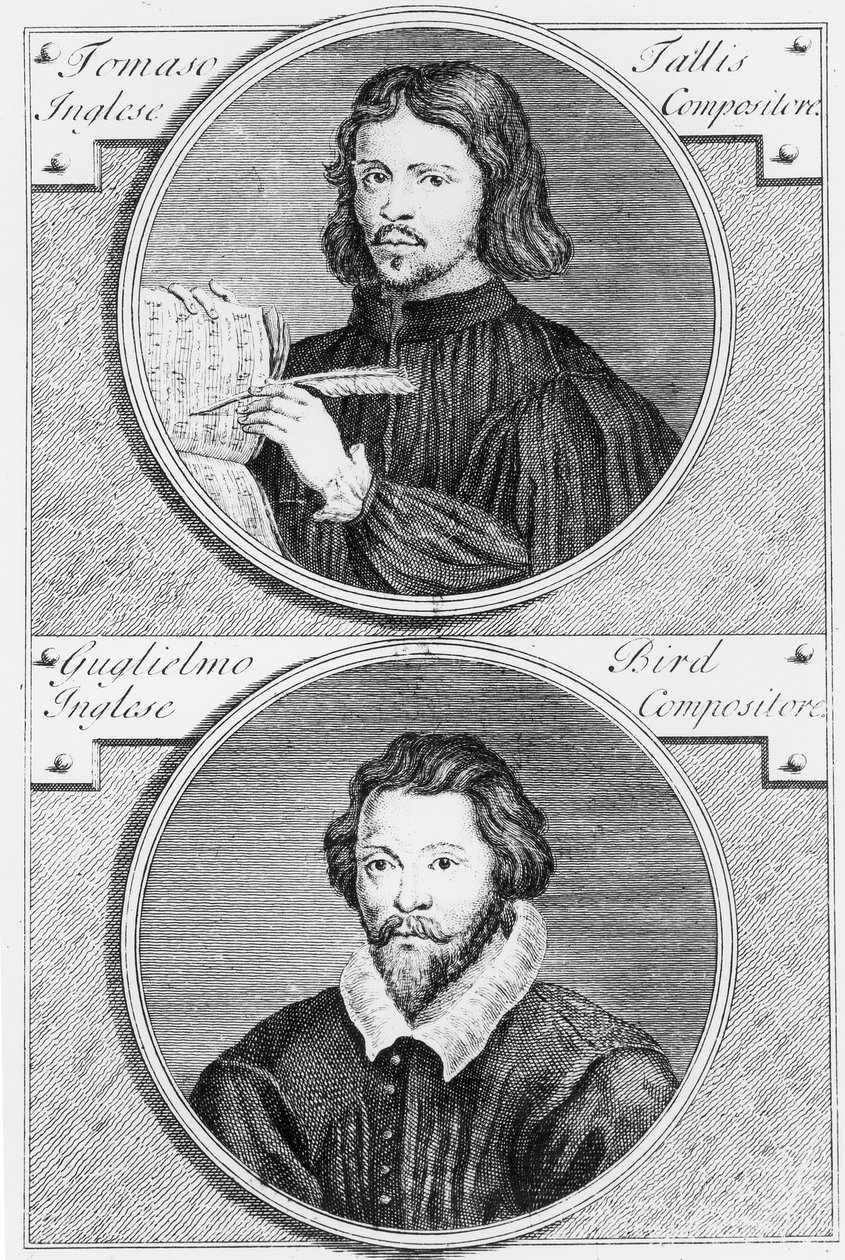 Thomas Tallis (c.1505-85) e William Byrd (1543-1623) gravado por Niccolo Francesco Haym (168889-c.1729) de Gerard Vandergucht